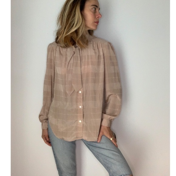 NWT Vintage Dead Stock Stripped Pussy Bow Beige Blouse - Picture 14 of 16